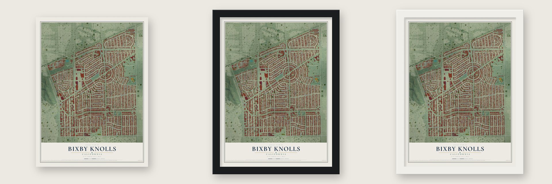 Bixby Knolls, California map unframed, in a black wood frame and in a white wood frame