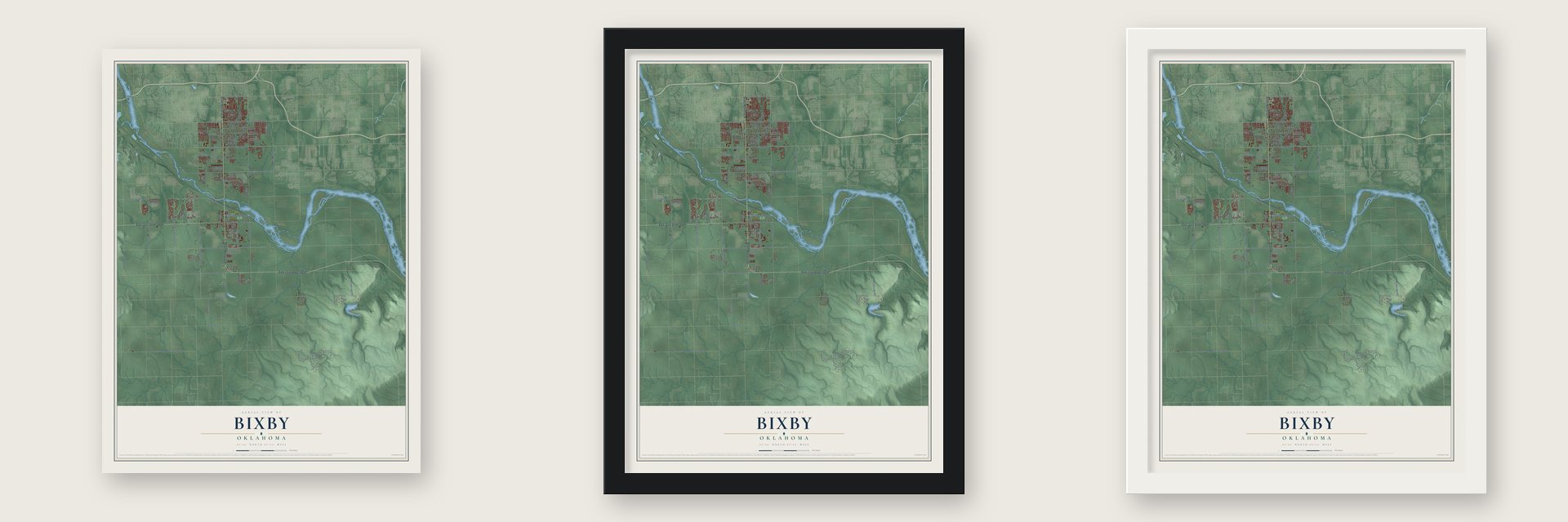 Bixby, Oklahoma map unframed, in a black wood frame and in a white wood frame