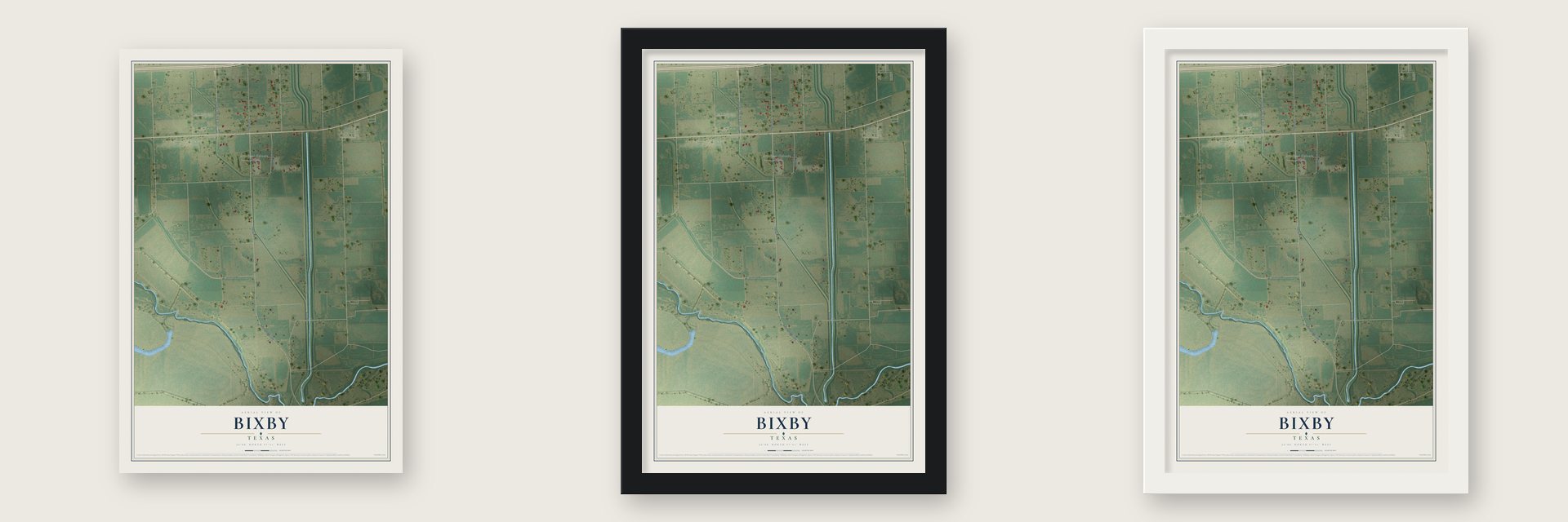 Bixby, Texas map unframed, in a black wood frame and in a white wood frame
