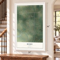 Bixby, Texas map, 24 x 36 inch print in a white frame by a staircase