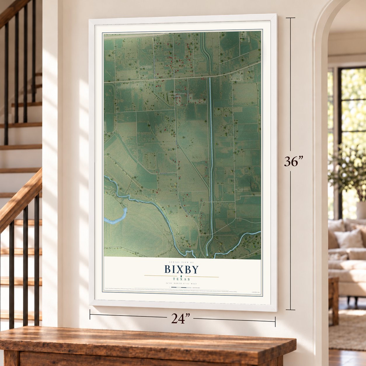 Bixby, Texas map, 24 x 36 inch print in a white frame by a staircase