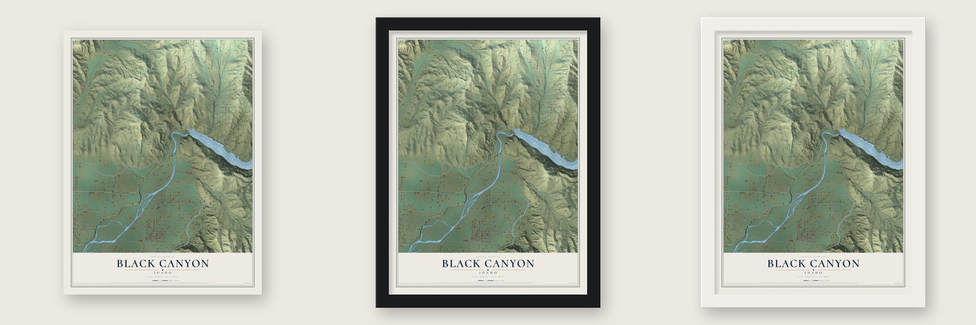 Black Canyon, Idaho map unframed, in a black wood frame and in a white wood frame