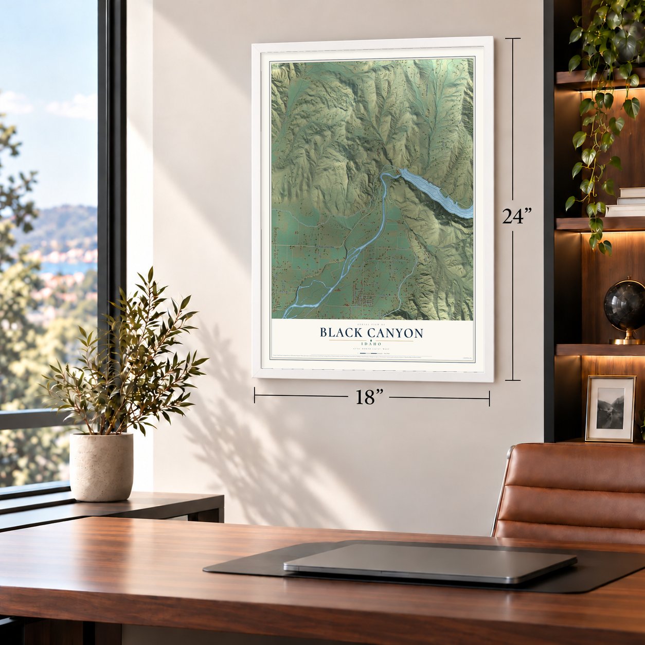 Black Canyon, Idaho map, 18 x 24 inch print in a white frame in a home office