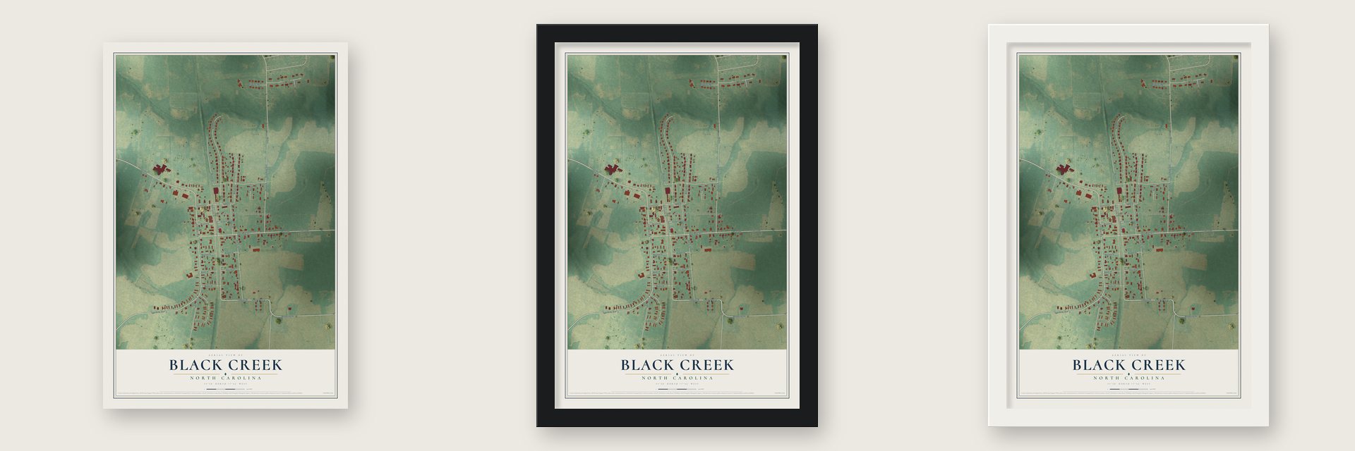 Black Creek, North Carolina map unframed, in a black wood frame and in a white wood frame