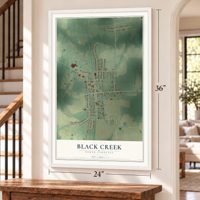 Black Creek, North Carolina map, 24 x 36 inch print in a white frame by a staircase