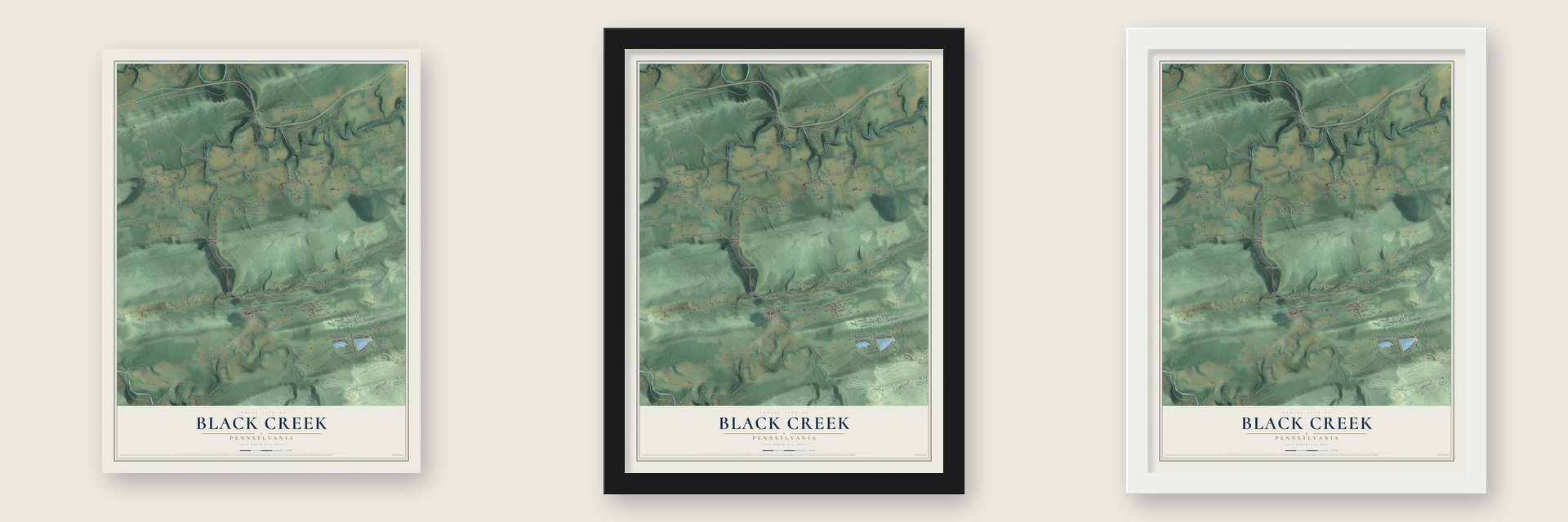Black Creek, Pennsylvania map unframed, in a black wood frame and in a white wood frame