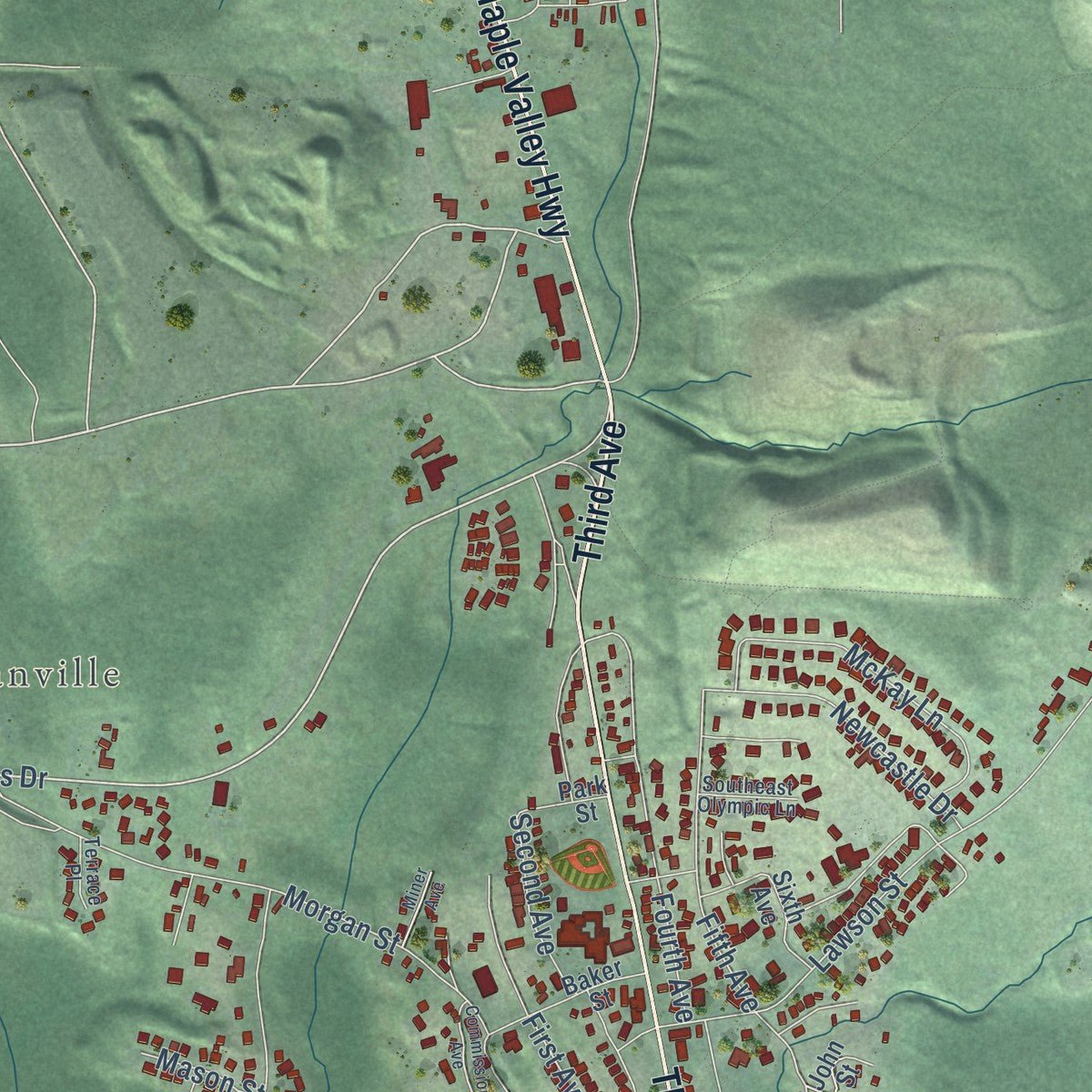 Second close-up of the map of Black Diamond, Washington print showing more streets and buildings