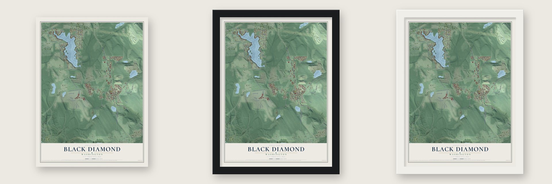 Black Diamond, Washington map unframed, in a black wood frame and in a white wood frame