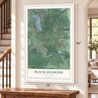 Black Diamond, Washington map, 24 x 36 inch print in a white frame by a staircase