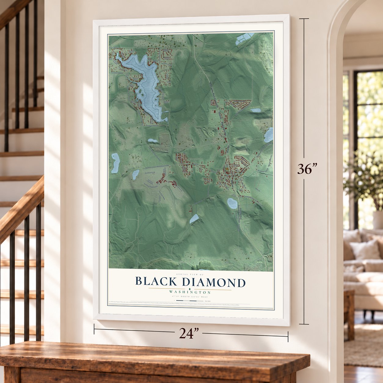 Black Diamond, Washington map, 24 x 36 inch print in a white frame by a staircase