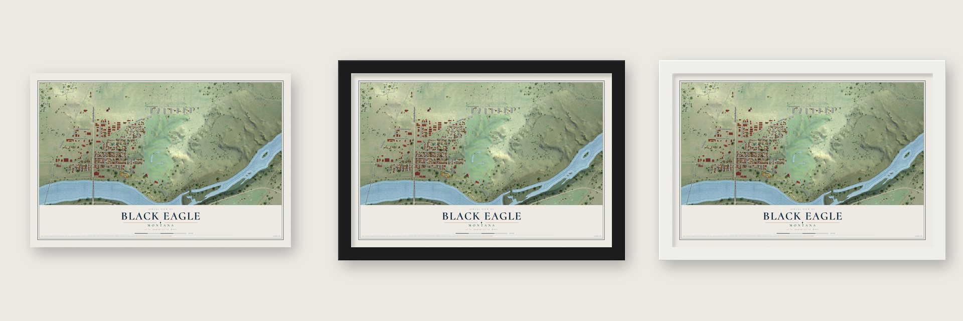 Black Eagle, Montana map unframed, in a black wood frame and in a white wood frame