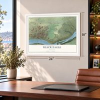 Black Eagle, Montana map, 18 x 24 inch print in a white frame in a home office