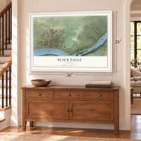 Black Eagle, Montana map, 24 x 36 inch print in a white frame above a dresser by a staircase