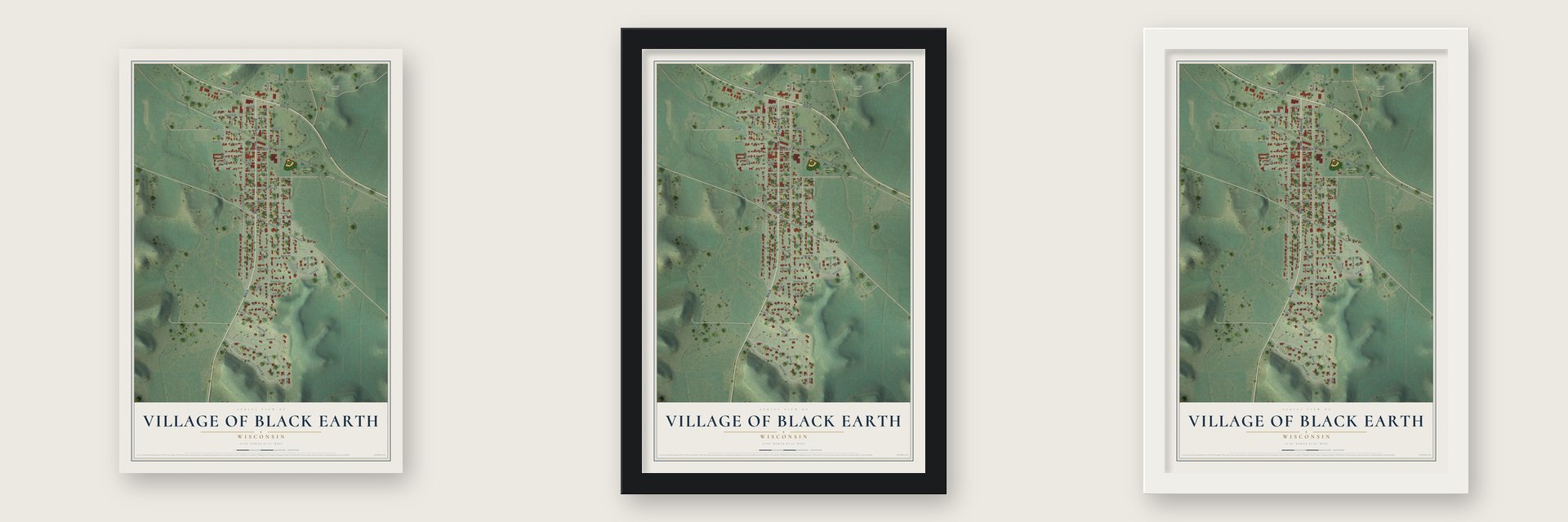 Black Earth, Wisconsin map unframed, in a black wood frame and in a white wood frame