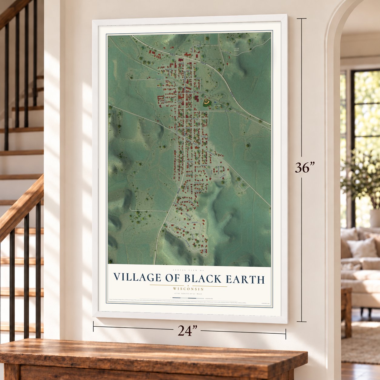 Black Earth, Wisconsin map, 24 x 36 inch print in a white frame by a staircase