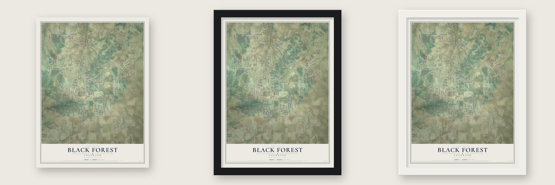 Black Forest, Colorado map unframed, in a black wood frame and in a white wood frame