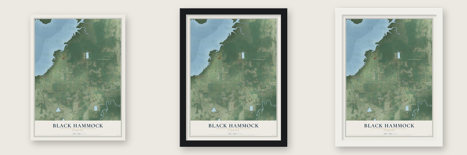 Black Hammock, Florida map unframed, in a black wood frame and in a white wood frame