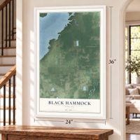 Black Hammock, Florida map, 24 x 36 inch print in a white frame by a staircase