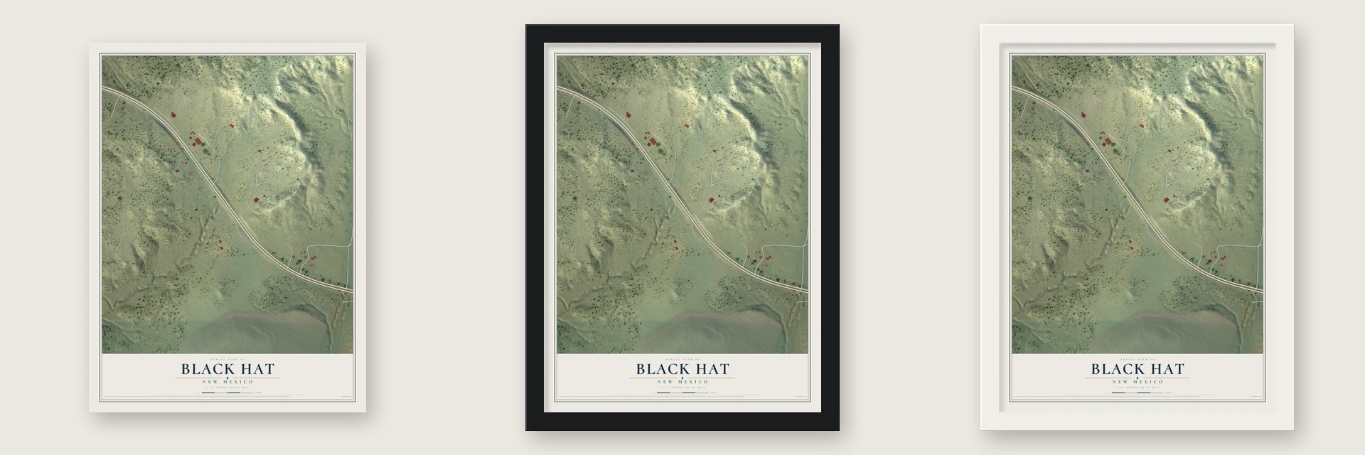 Black Hat, New Mexico map unframed, in a black wood frame and in a white wood frame