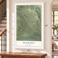 Black Hat, New Mexico map, 24 x 36 inch print in a white frame by a staircase