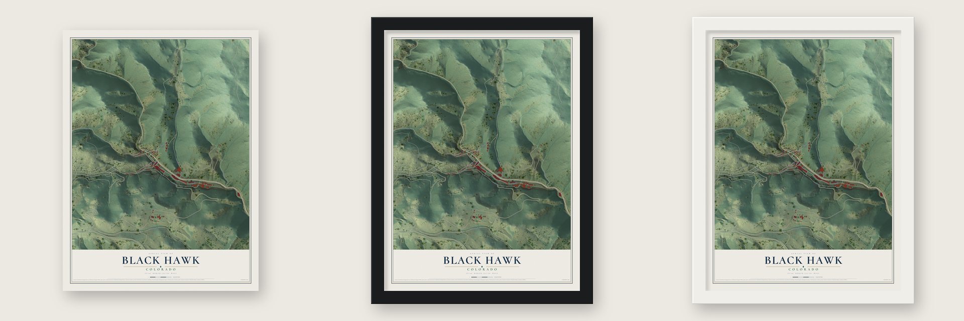 Black Hawk, Colorado map unframed, in a black wood frame and in a white wood frame