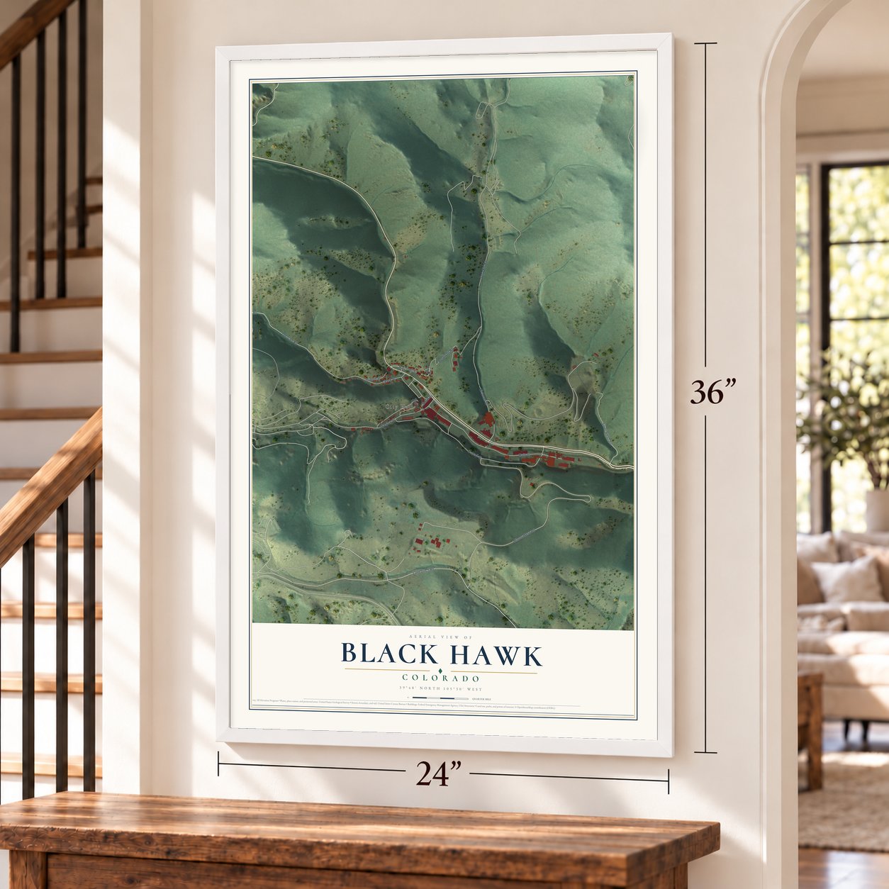 Black Hawk, Colorado map, 24 x 36 inch print in a white frame by a staircase