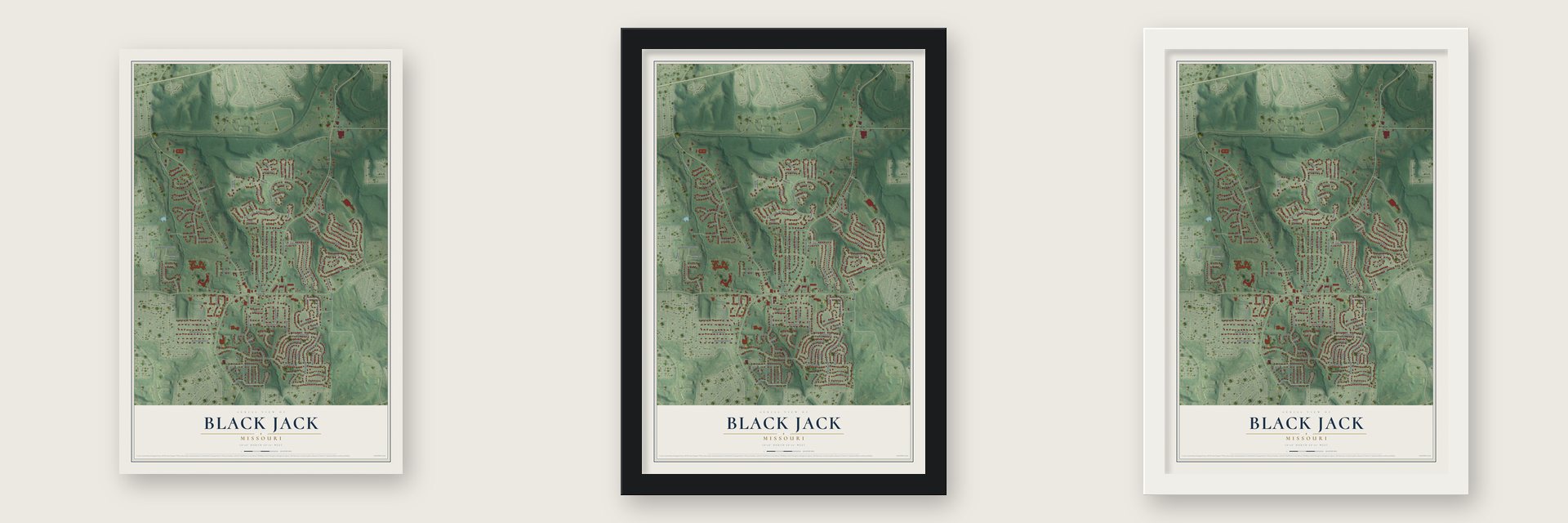 Black Jack, Missouri map unframed, in a black wood frame and in a white wood frame