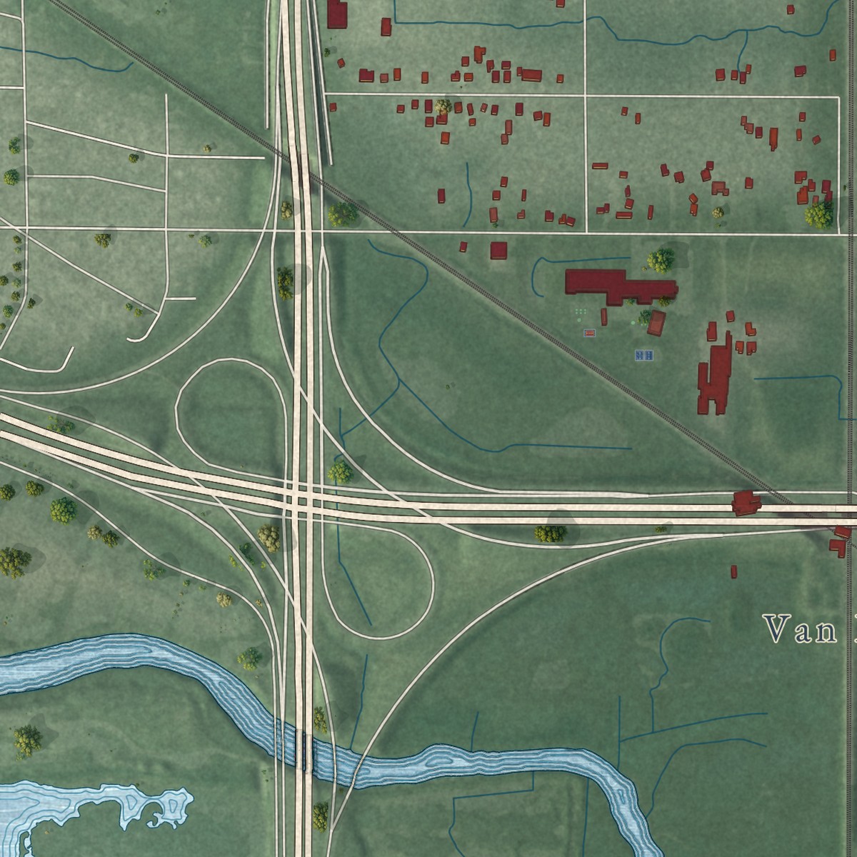 Second close-up of the map of Black Oak, Indiana print showing more streets and buildings