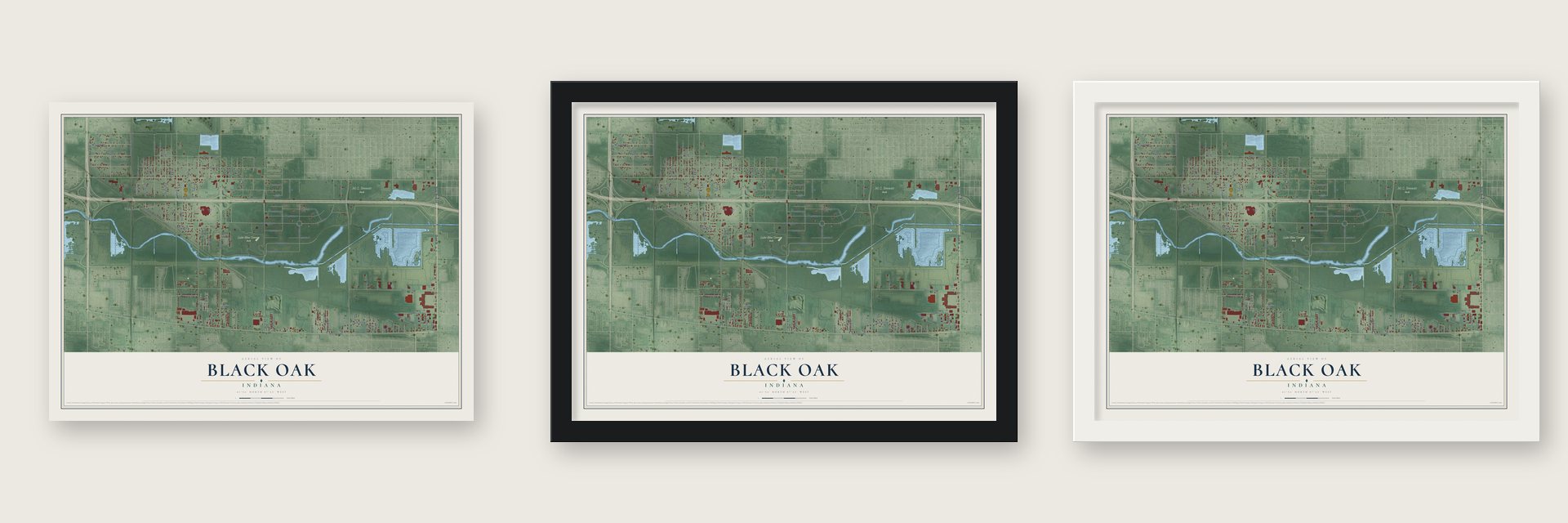 Black Oak, Indiana map unframed, in a black wood frame and in a white wood frame