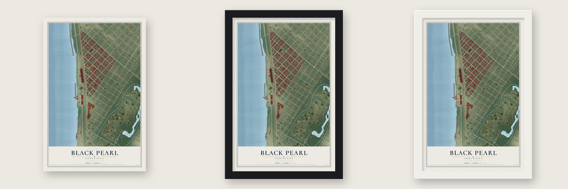 Black Pearl, Louisiana map unframed, in a black wood frame and in a white wood frame