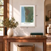 Black Pearl, Louisiana map, 12 x 18 inch print in a white frame in an entryway