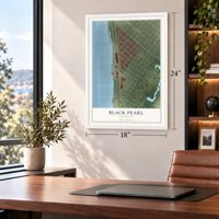 Black Pearl, Louisiana map, 18 x 24 inch print in a white frame in a home office