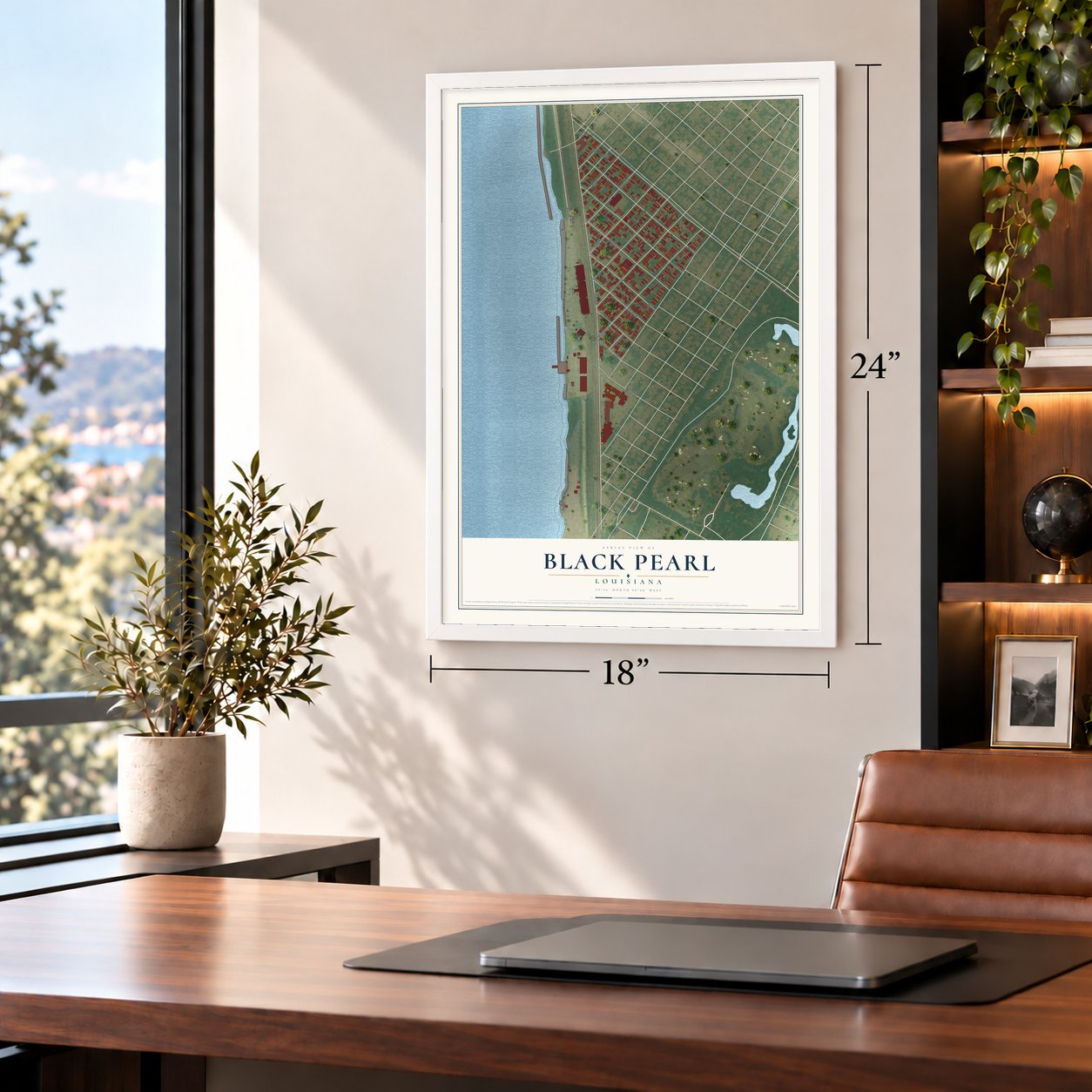 Black Pearl, Louisiana map, 18 x 24 inch print in a white frame in a home office