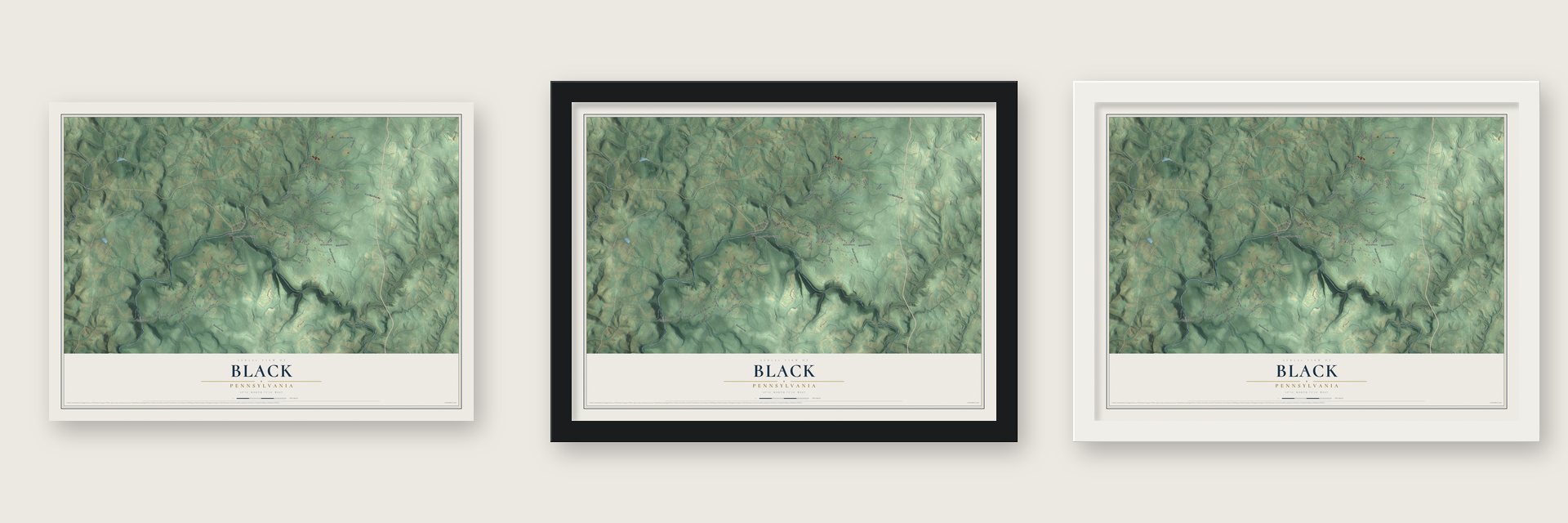 Black, Pennsylvania map unframed, in a black wood frame and in a white wood frame