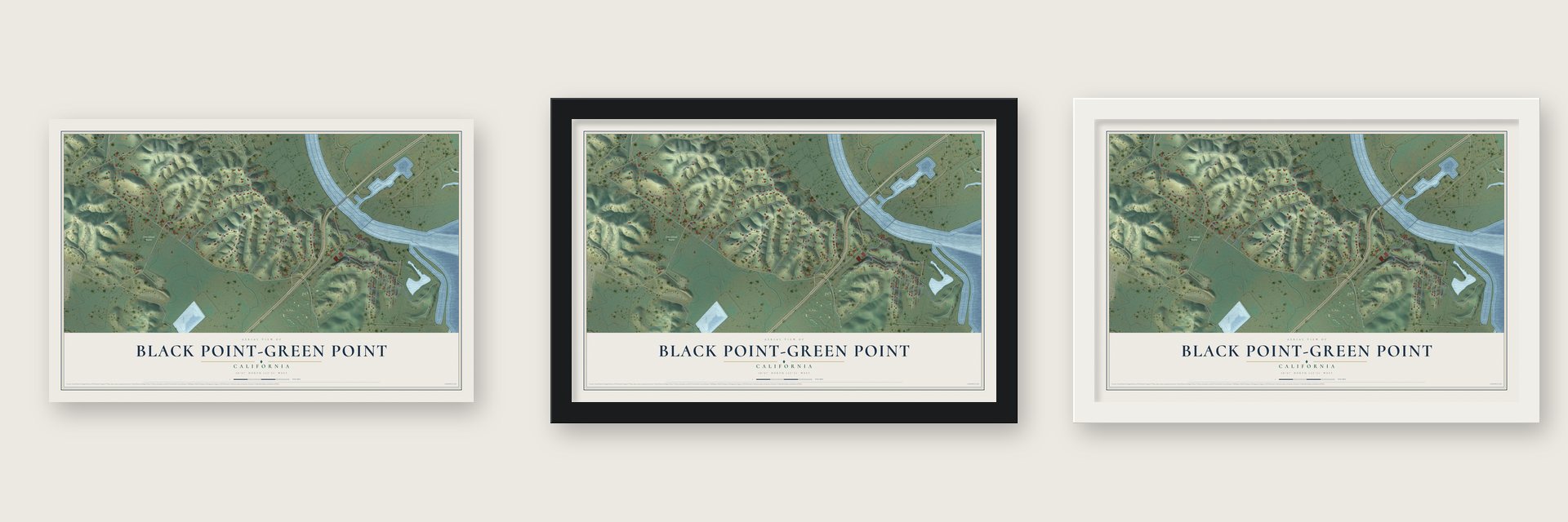 Black Point-Green Point, California map unframed, in a black wood frame and in a white wood frame