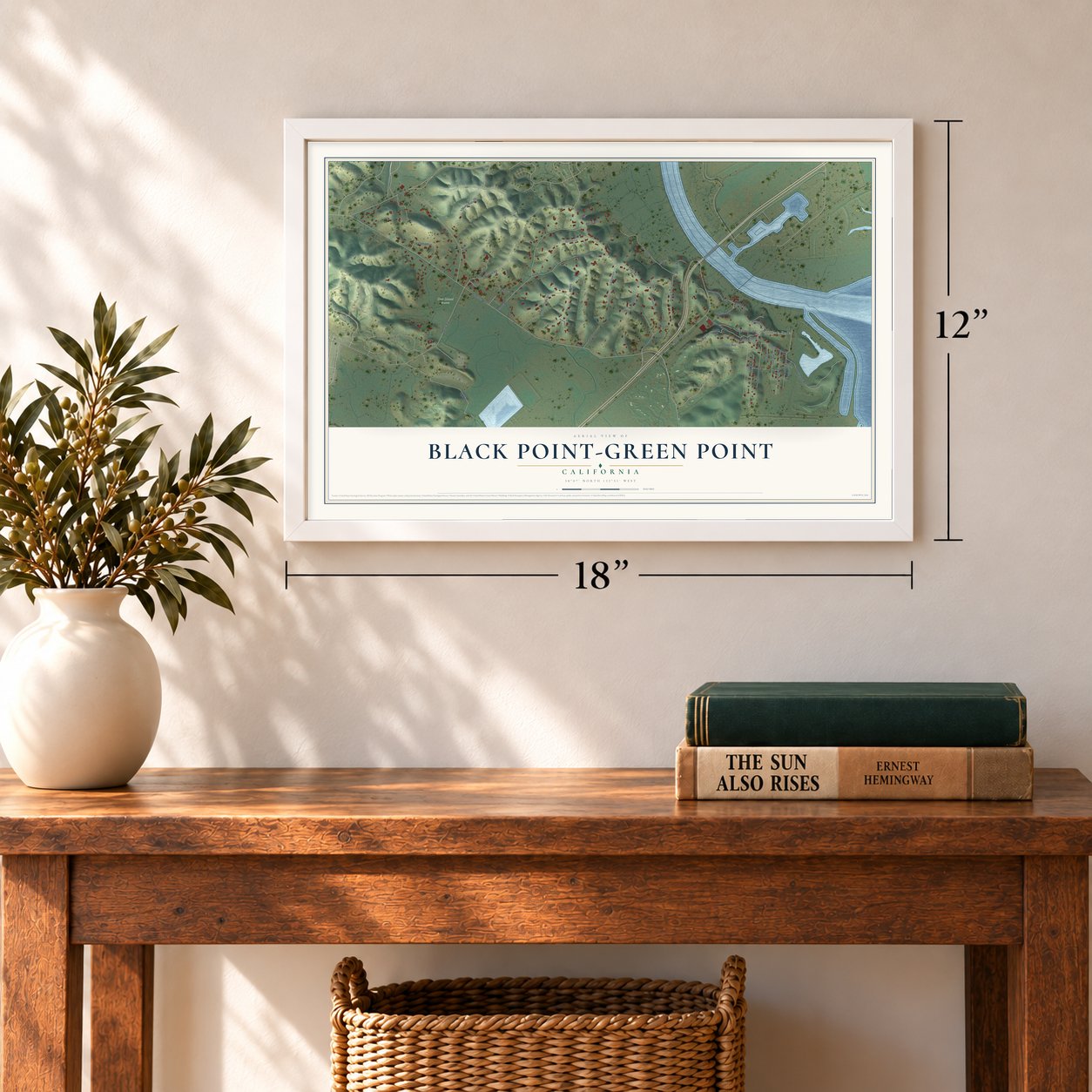 Black Point-Green Point, California map, 12 x 18 inch print in a white frame in an entryway