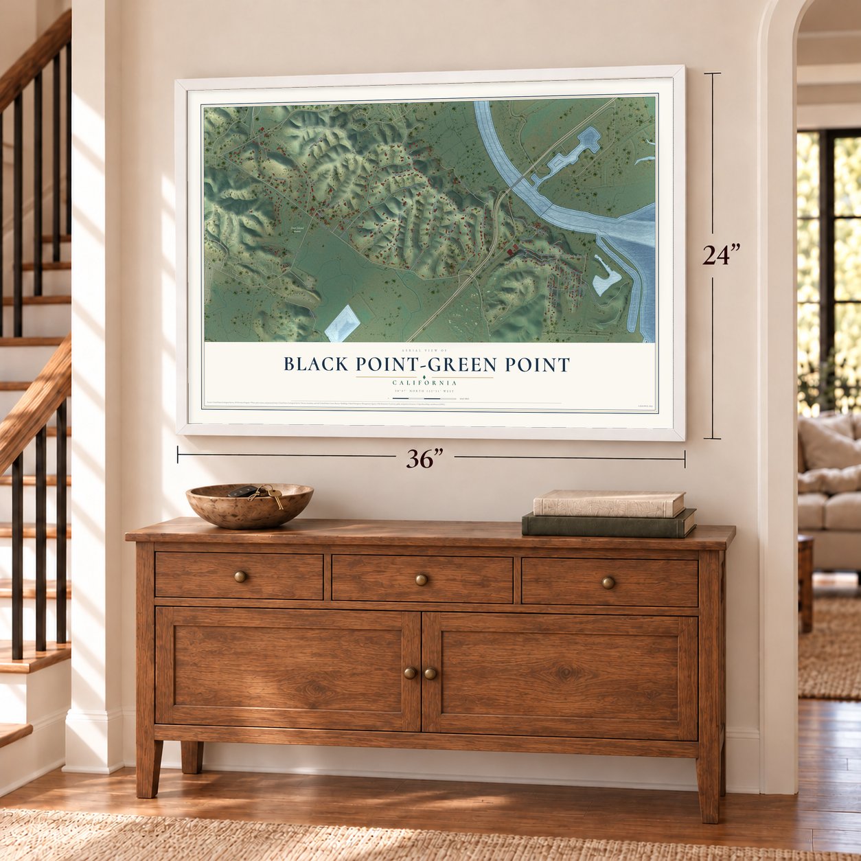 Black Point-Green Point, California map, 24 x 36 inch print in a white frame above a dresser by a staircase