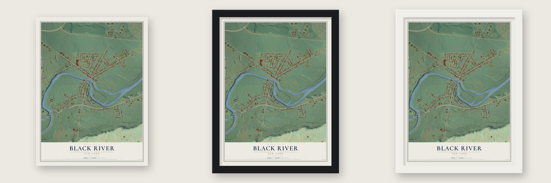 Black River, New York map unframed, in a black wood frame and in a white wood frame