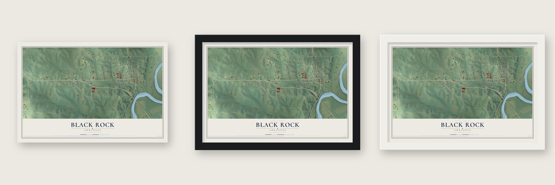 Black Rock, Arkansas map unframed, in a black wood frame and in a white wood frame