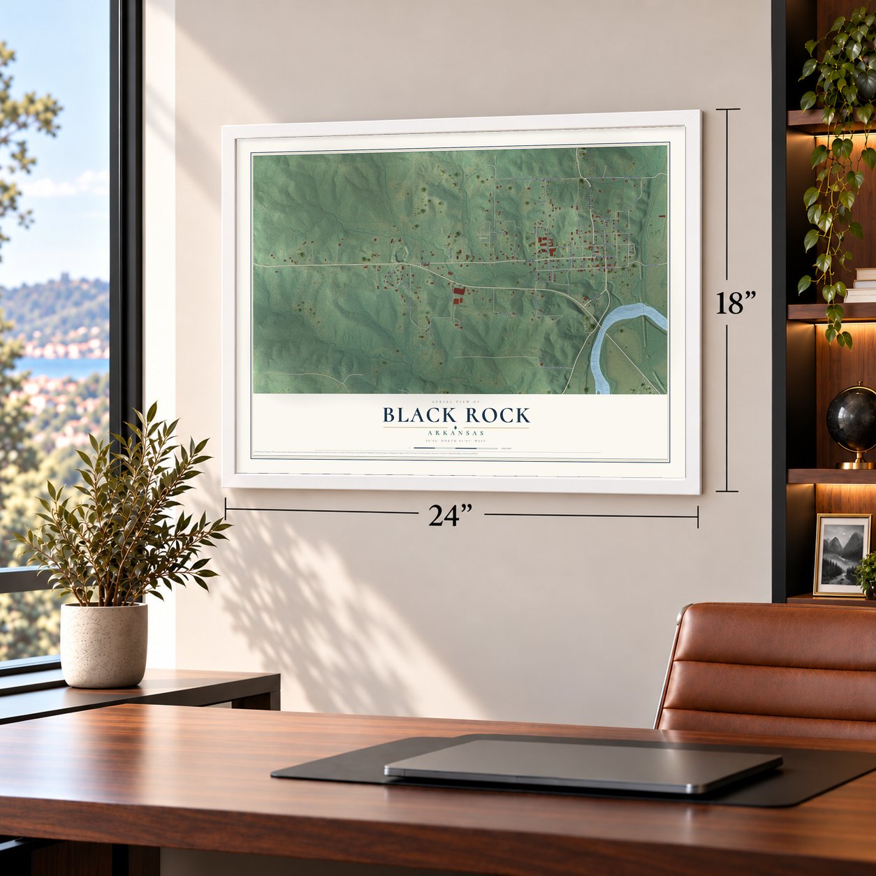 Black Rock, Arkansas map, 18 x 24 inch print in a white frame in a home office