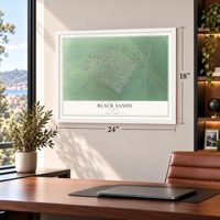 Black Sands, Hawaii map, 18 x 24 inch print in a white frame in a home office