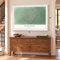 Black Sands, Hawaii map, 24 x 36 inch print in a white frame above a dresser by a staircase