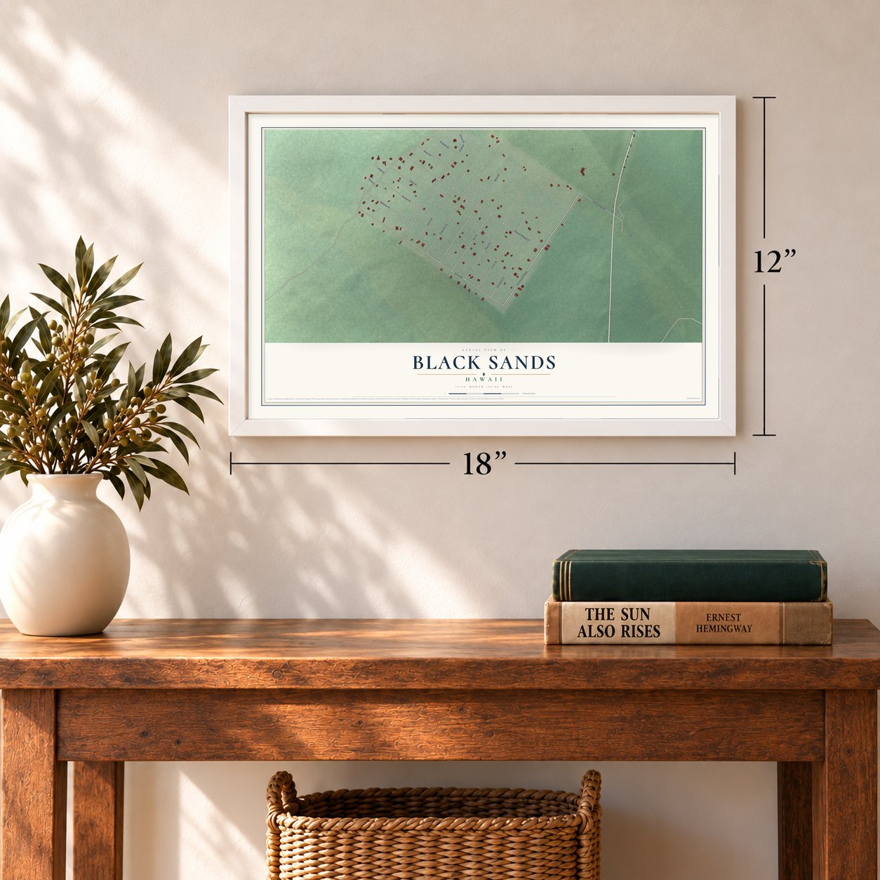 Black Sands, Hawaii map, 12 x 18 inch print in a white frame in an entryway
