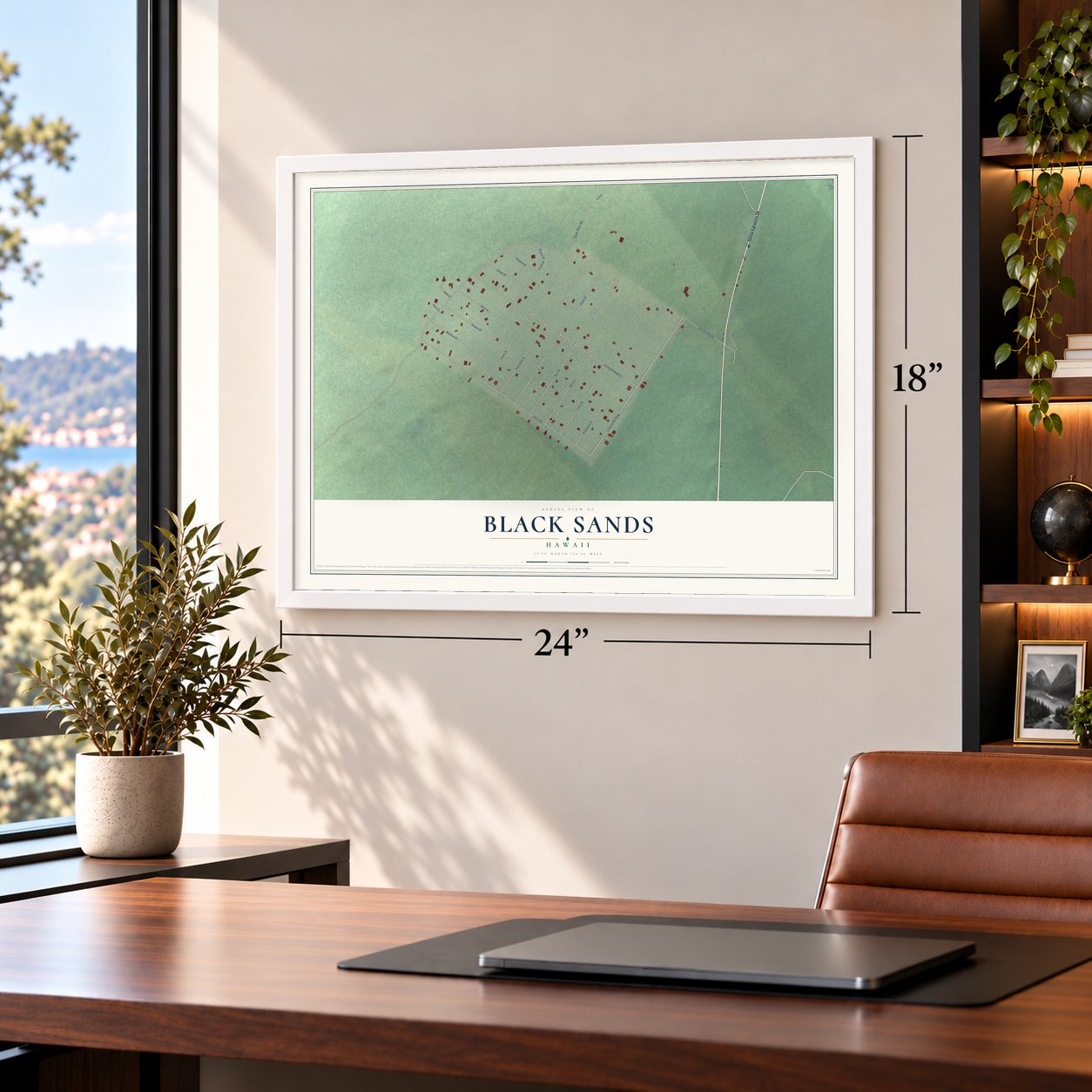 Black Sands, Hawaii map, 18 x 24 inch print in a white frame in a home office