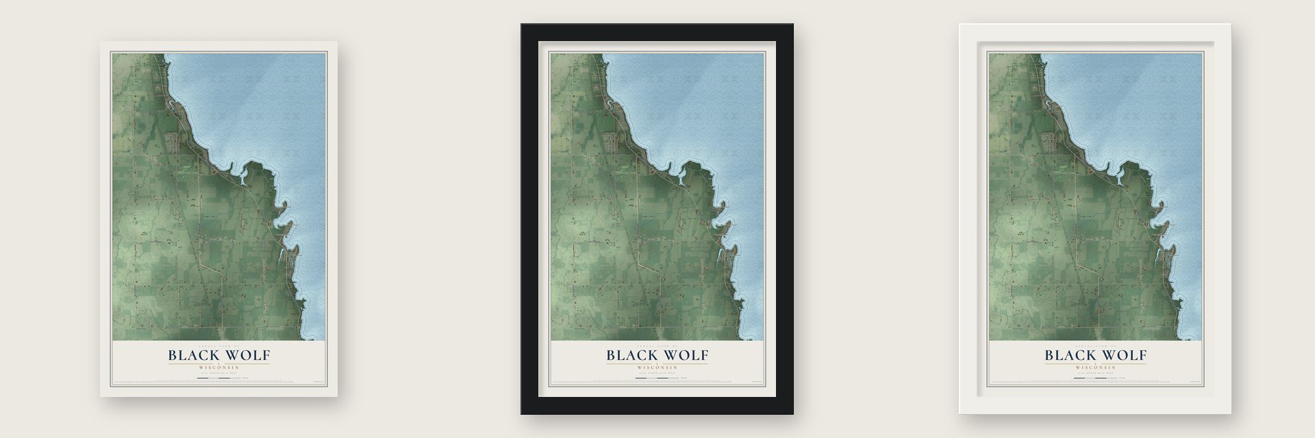 Black Wolf, Wisconsin map unframed, in a black wood frame and in a white wood frame