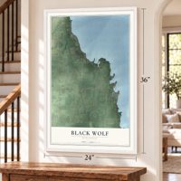 Black Wolf, Wisconsin map, 24 x 36 inch print in a white frame by a staircase