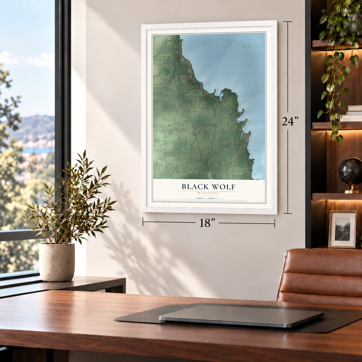 Black Wolf, Wisconsin map, 18 x 24 inch print in a white frame in a home office