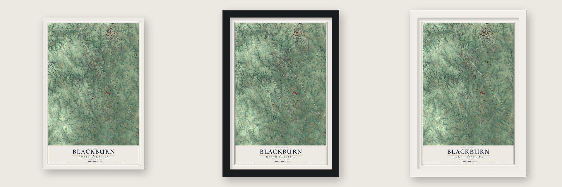 Blackburn, North Carolina map unframed, in a black wood frame and in a white wood frame