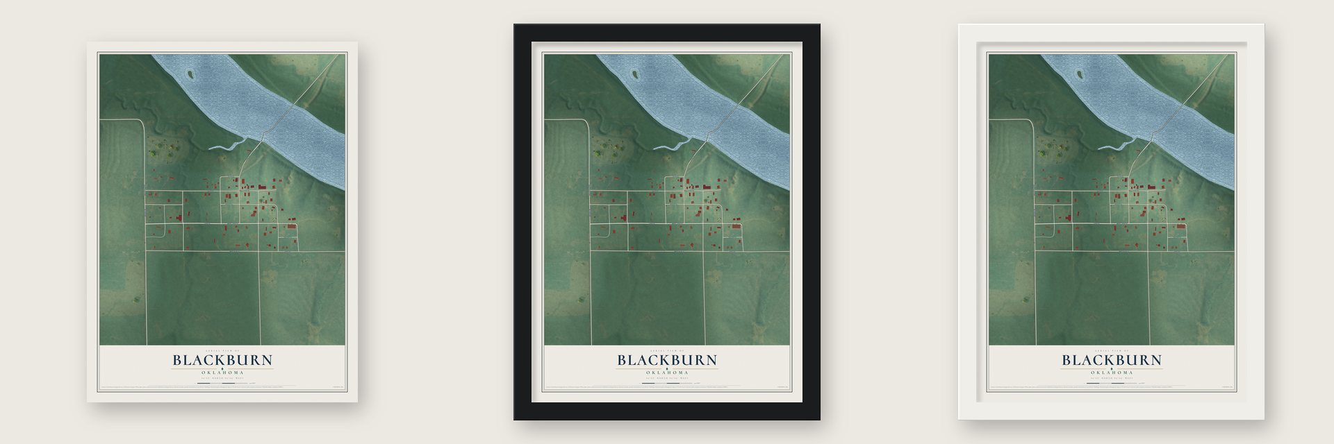Blackburn, Oklahoma map unframed, in a black wood frame and in a white wood frame