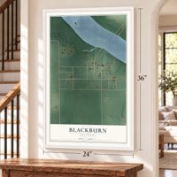 Blackburn, Oklahoma map, 24 x 36 inch print in a white frame by a staircase